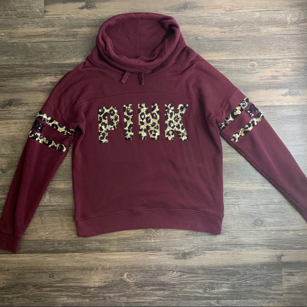 Burgundy Sequined PINK Funnel Neck Sweatshirt